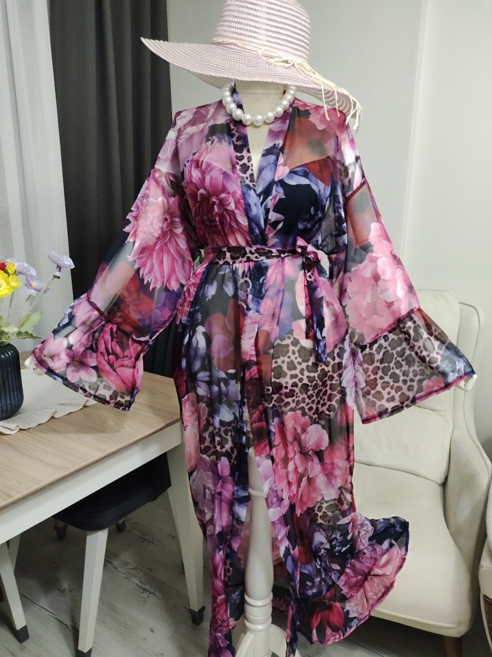 Uzun Pembe Bohem Kadın Kimono - Görsel 2