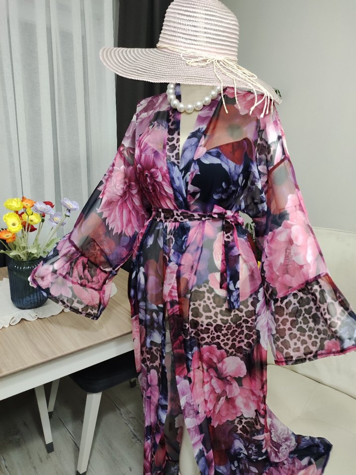 Uzun Pembe Bohem Kadın Kimono - Görsel 4