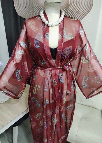 Bordo Renkli Bağcıklı Uzun Bohem Kimono - Görsel 3
