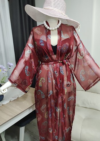 Bordo Renkli Bağcıklı Uzun Bohem Kimono - Görsel 2