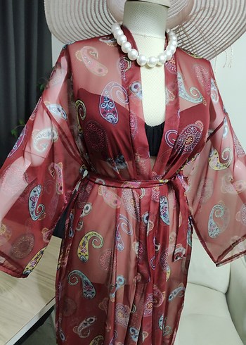 Bordo Renkli Bağcıklı Uzun Bohem Kimono - Görsel 7