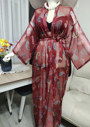 Bordo Renkli Bağcıklı Uzun Bohem Kimono - Görsel 4