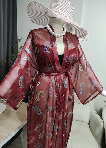 Bordo Renkli Bağcıklı Uzun Bohem Kimono - Görsel 6