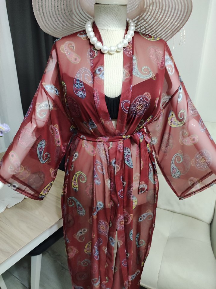 Bordo Renkli Bağcıklı Uzun Bohem Kimono - Görsel 3