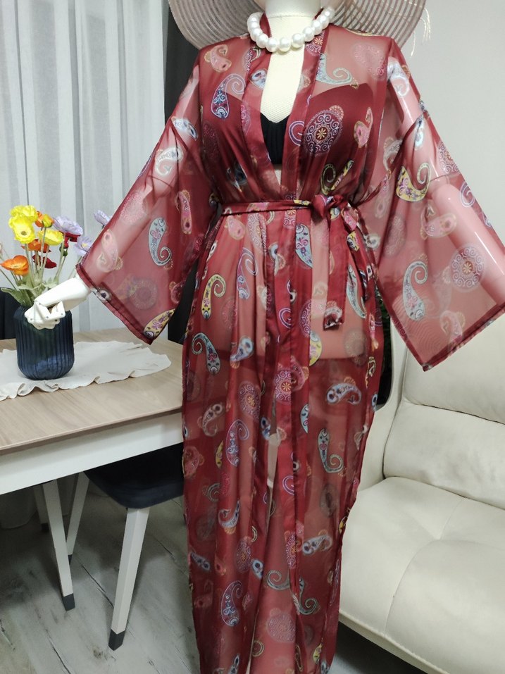 Bordo Renkli Bağcıklı Uzun Bohem Kimono - Görsel 4