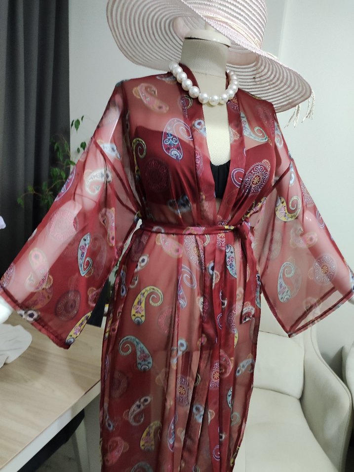 Bordo Renkli Bağcıklı Uzun Bohem Kimono - Görsel 5