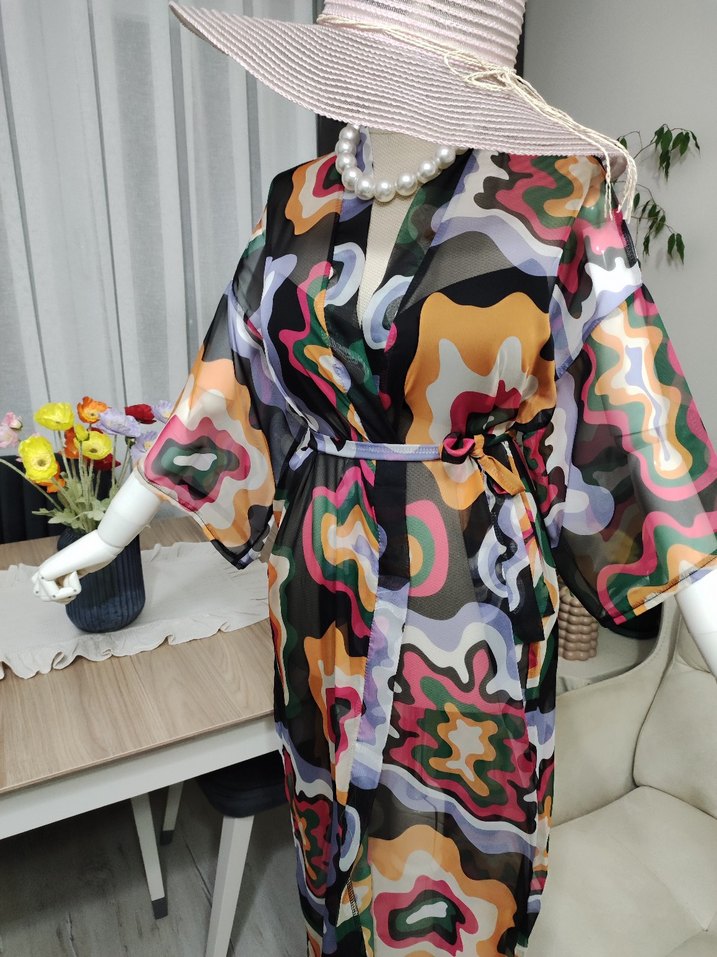 Renkli Batik Desenli Uzun Kadın Kimono - Görsel 5