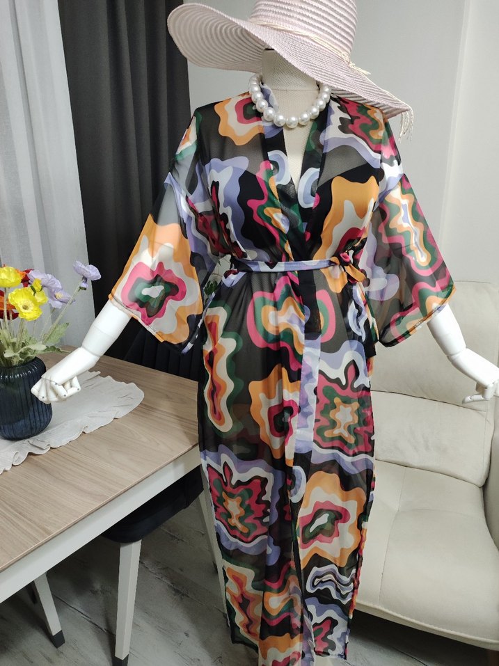 Renkli Batik Desenli Uzun Kadın Kimono - Görsel 2