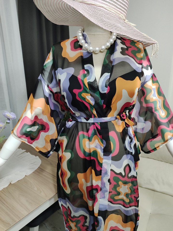 Renkli Batik Desenli Uzun Kadın Kimono - Görsel 4