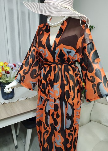 Renkli Desenli Uzun Kadın Kimono - Görsel 5