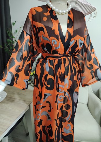 Renkli Desenli Uzun Kadın Kimono - Görsel 10