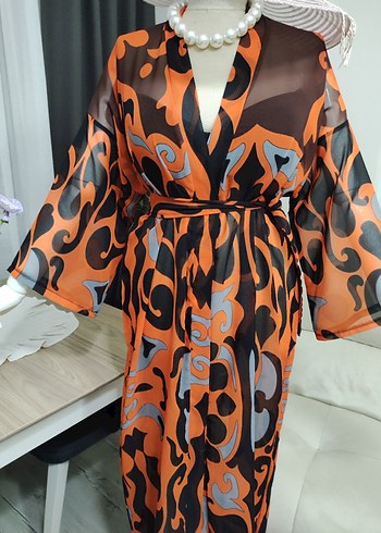 Renkli Desenli Uzun Kadın Kimono - Görsel 9