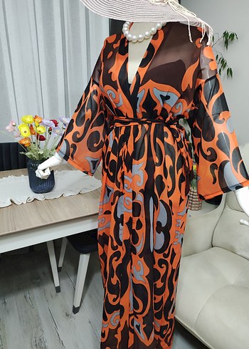 Renkli Desenli Uzun Kadın Kimono - Görsel 7
