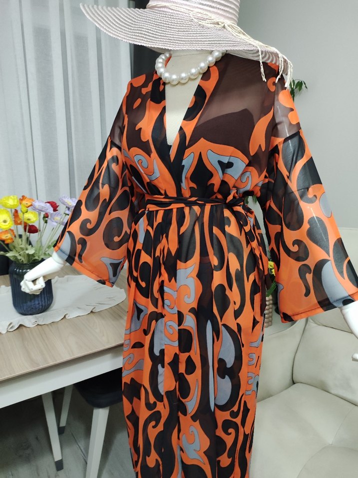 Renkli Desenli Uzun Kadın Kimono - Görsel 5