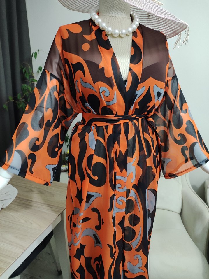 Renkli Desenli Uzun Kadın Kimono - Görsel 4