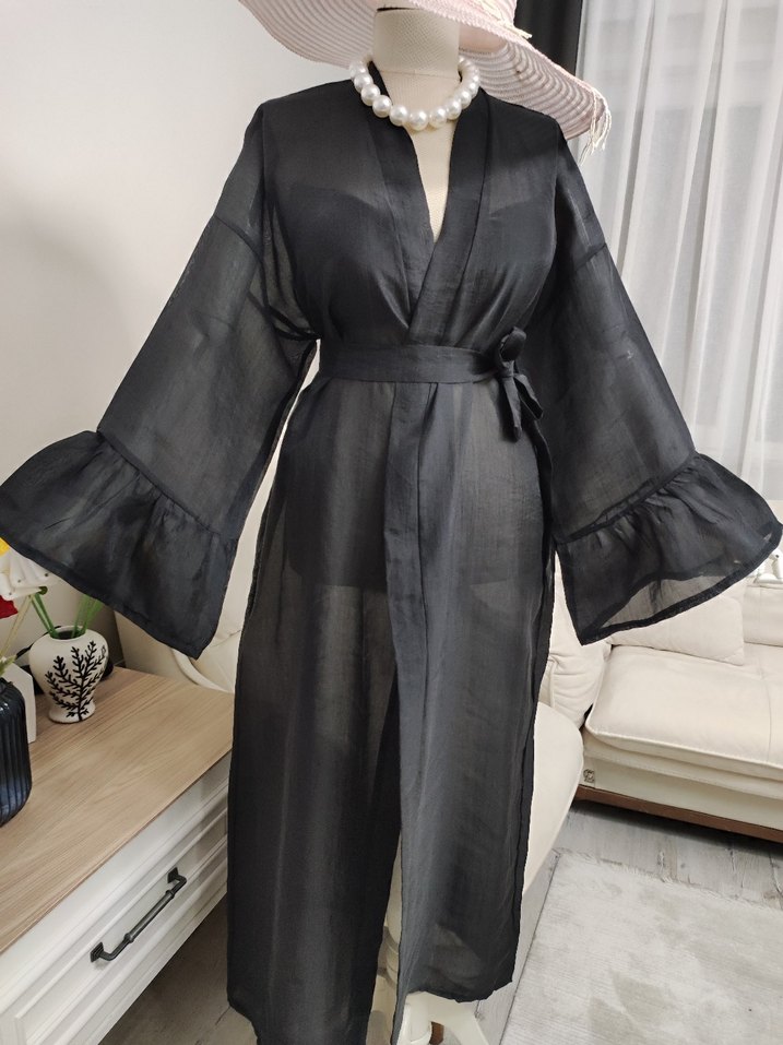 Uzun Siyah Bohem Kadın kimono - Görsel 3