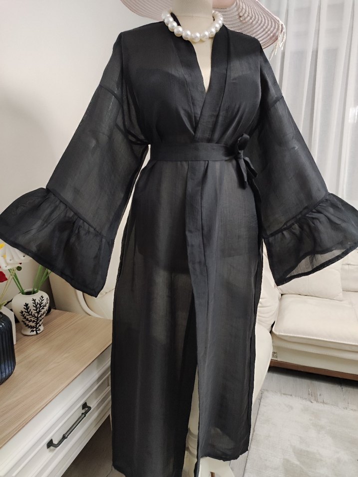 Uzun Siyah Bohem Kadın kimono - Görsel 4