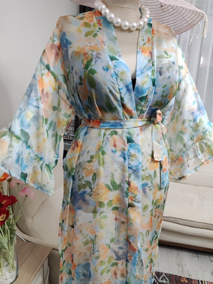 Çiçek Desenli Uzun Transparan Bohem pareo - Görsel 4