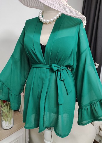Yeşil Mini Bohem Kimono Kuşaklı - Görsel 6