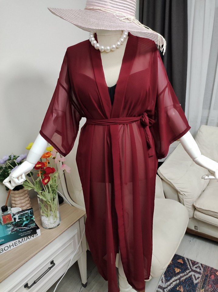 Bordo Bohem Uzun Kadın pareo - Görsel 5