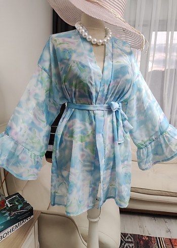 Bağcıklı Bohem Mini Kimono Mavi - Görsel 4