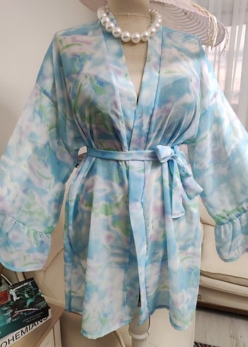 Bağcıklı Bohem Mini Kimono Mavi - Görsel 8