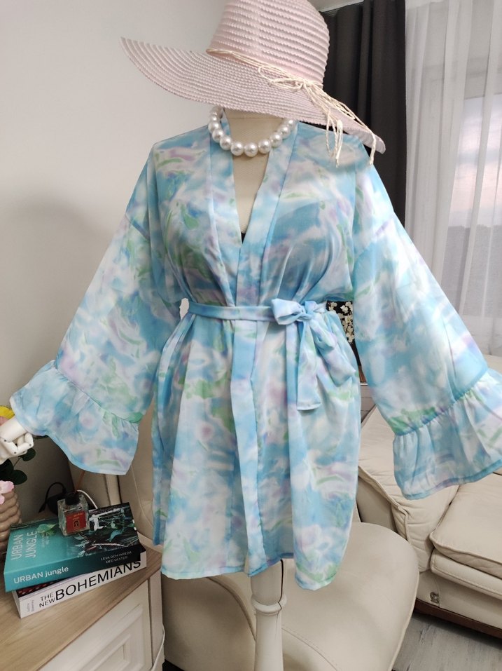 Bağcıklı Bohem Mini Kimono Mavi - Görsel 2