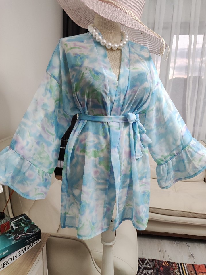 Bağcıklı Bohem Mini Kimono Mavi - Görsel 4