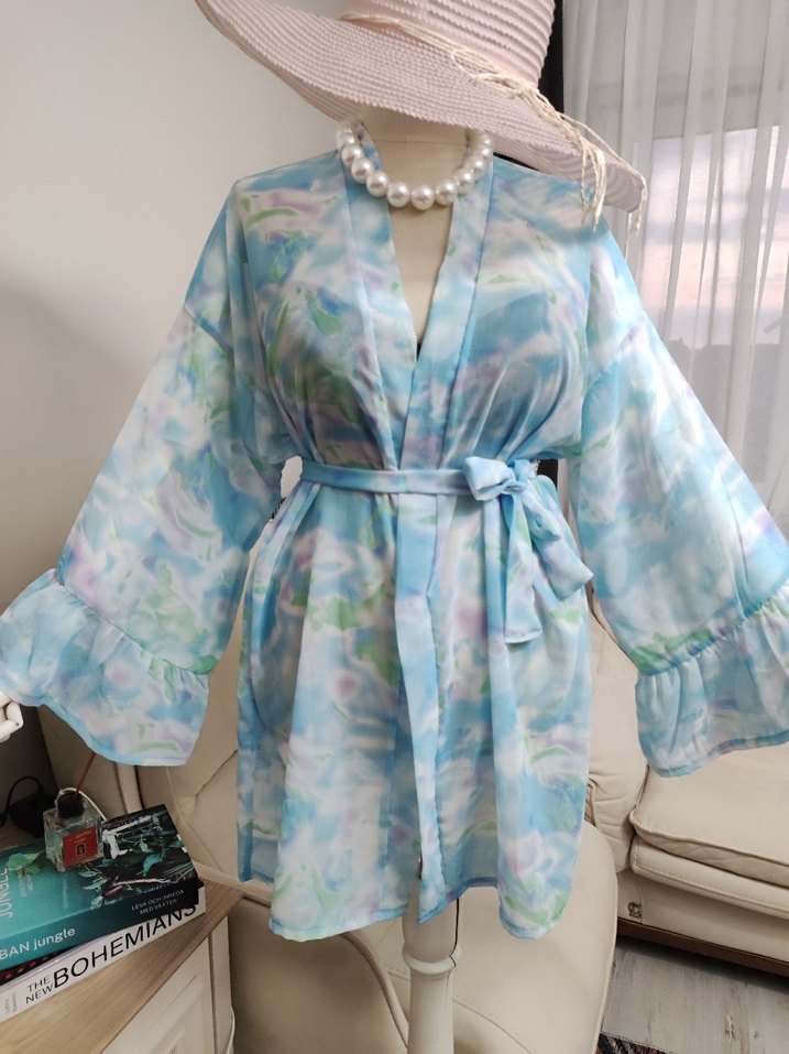 Bağcıklı Bohem Mini Kimono Mavi - Görsel 3