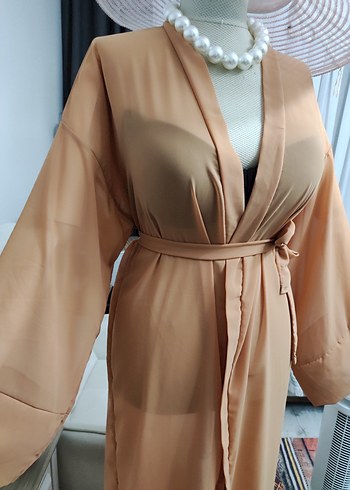 Bej Uzun Kimono, Salaş ve İpek Dokulu - Görsel 9