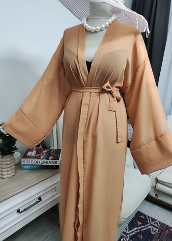 Bej Uzun Kimono, Salaş ve İpek Dokulu - Görsel 7