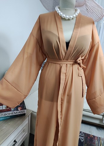 Bej Uzun Kimono, Salaş ve İpek Dokulu - Görsel 5