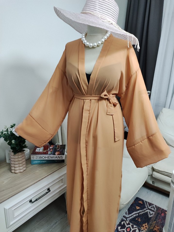 Bej Uzun Kimono, Salaş ve İpek Dokulu - Görsel 2