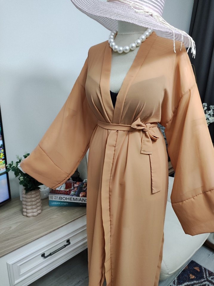 Bej Uzun Kimono, Salaş ve İpek Dokulu - Görsel 4