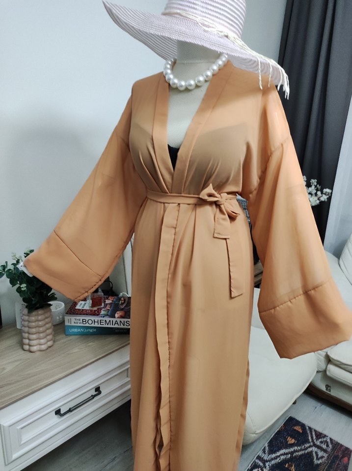 Bej Uzun Kimono, Salaş ve İpek Dokulu - Görsel 3