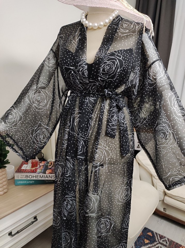 Gri Bohem Uzun Pareo Çiçek Desenli - Görsel 5