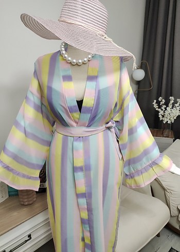 Bohem Stil Pastel Renkli Uzun Kadın Sabahlık - Görsel 5