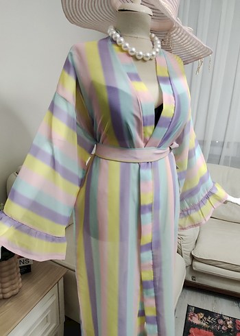 Bohem Stil Pastel Renkli Uzun Kadın Sabahlık - Görsel 6