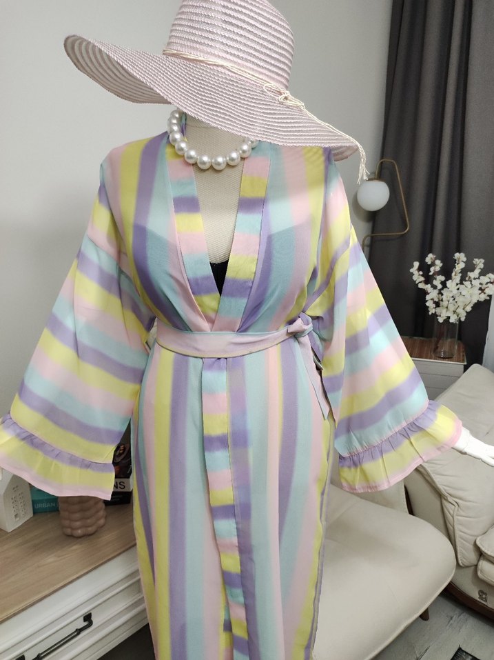 Bohem Stil Pastel Renkli Uzun Kadın Sabahlık - Görsel 5