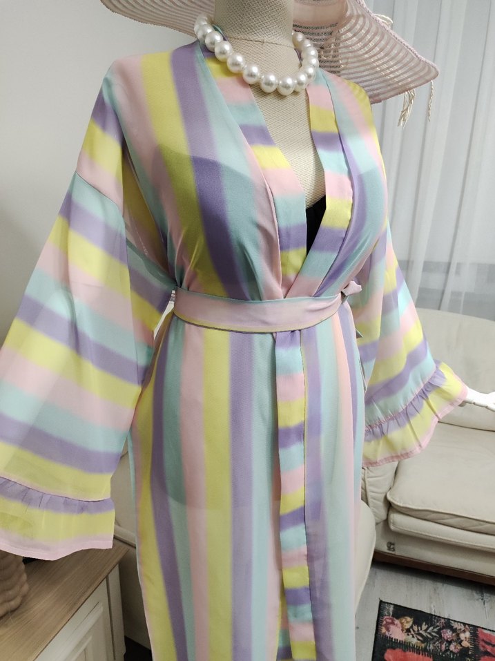 Bohem Stil Pastel Renkli Uzun Kadın Sabahlık - Görsel 4