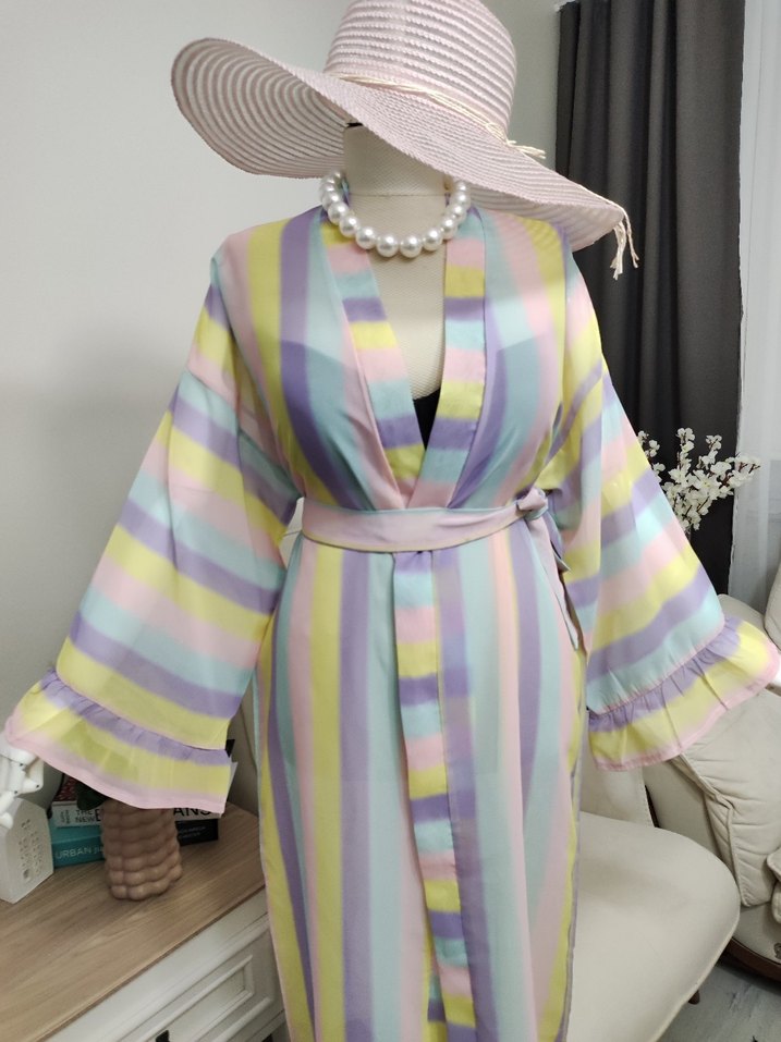 Bohem Stil Pastel Renkli Uzun Kadın Sabahlık - Görsel 3