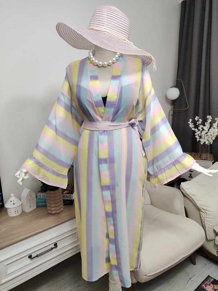 Bohem Stil Pastel Renkli Uzun Kadın Sabahlık - Görsel 2