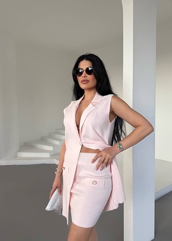 Pudra Pembe Kolsuz Mini Blazer yelekli triko takım - Görsel 2