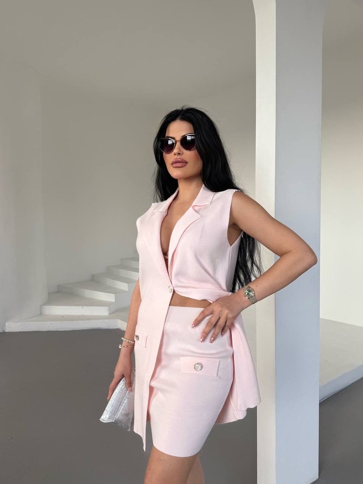 Pudra Pembe Kolsuz Mini Blazer yelekli triko takım - Görsel 2