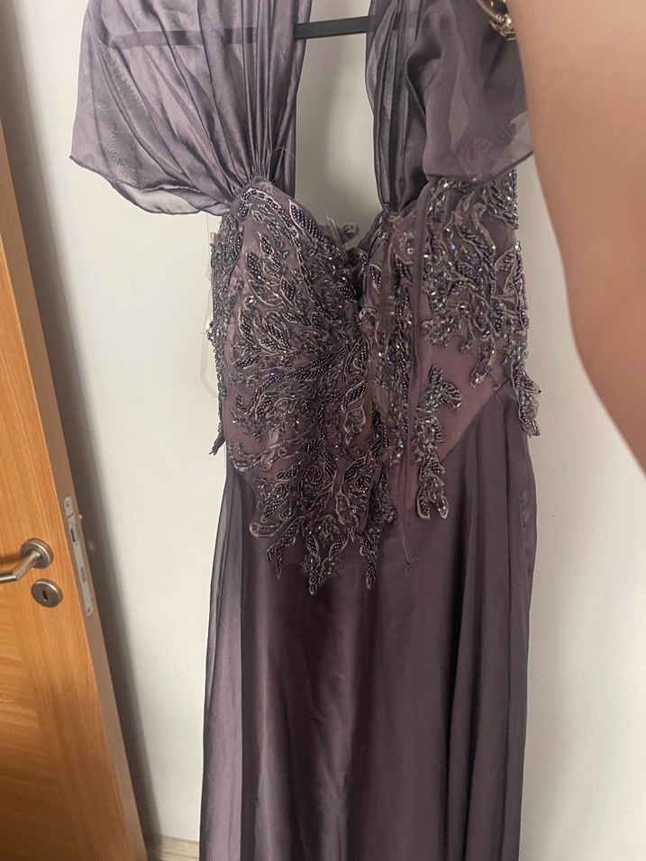 Mor Nakışlı Uzun Straplez Abiye Elbise - Görsel 2