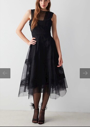 Dantel Detaylı Midi Siyah Elbise - Görsel 2