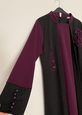 Diğer Uzun Kollu Bordo Siyah Nakışlı Gotik Elbise