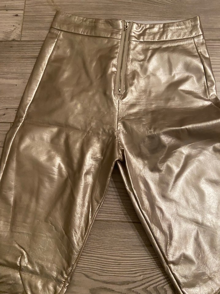 Kadın Altın Rengi Metalik Deri Cigarette Pantolon - Görsel 5