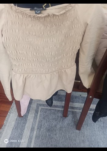 Uzun Kollu, Fırfırlı Bej Kadın Bluz - Görsel 2