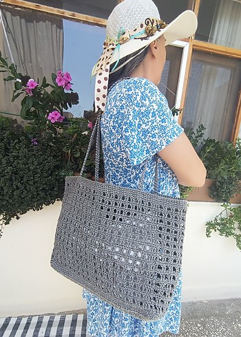 Gri Dantel Detaylı Bohem Örgü Kadın Çanta